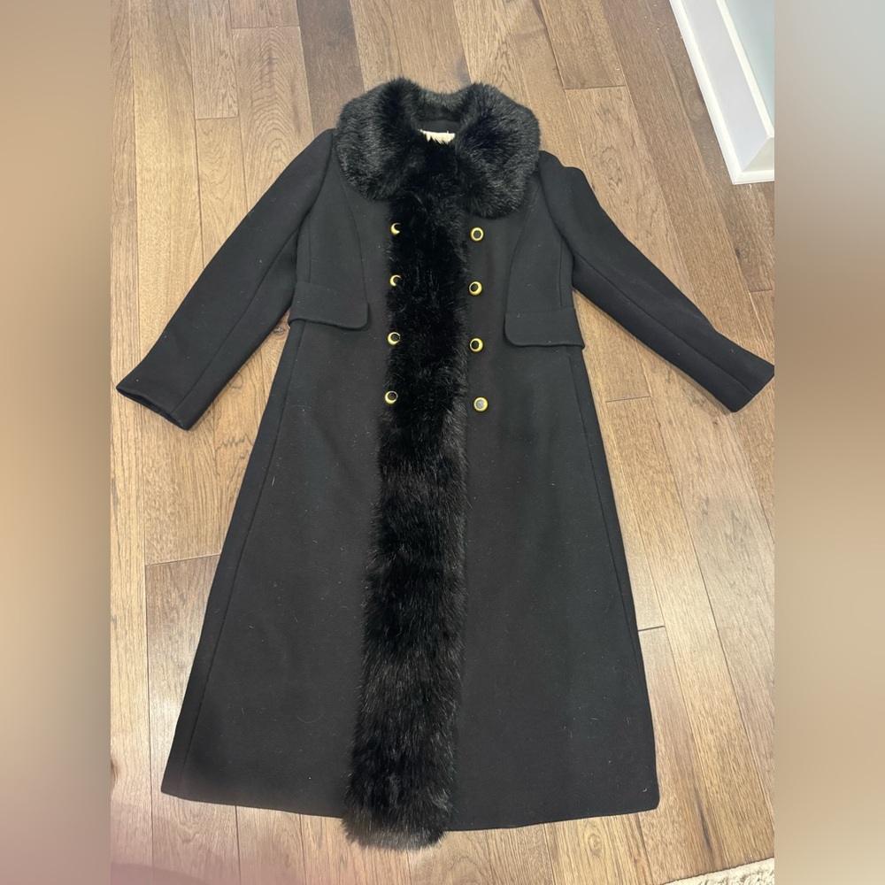Tory Burch Celeste Long Black Coat wool-blend, faux fur collar and gold buttons